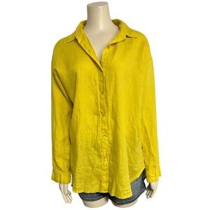 Eileen Fisher Yellow Organic‎ Linen Button Shirt Womens Small Long Sleeve.